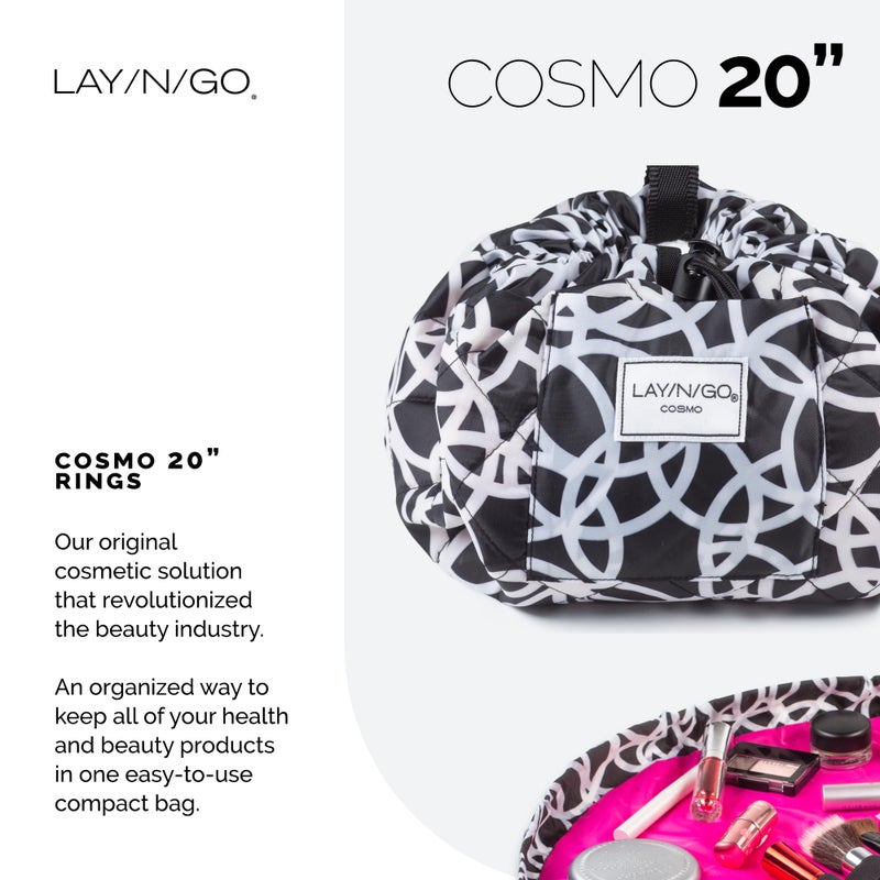 لاي-أن-جو منظم حقيبة مستحضرات التجميل والمكياج من Lay-n-Go Cosmo - حقيبة مكياج محمولة برباط مع حلقات مكياج بجيب بسحاب والمزيد - حقيبة أدوات زينة متينة قابلة للغسل في الغسالة للسفر (20 بوصة أسود/أبيض) - Image 2